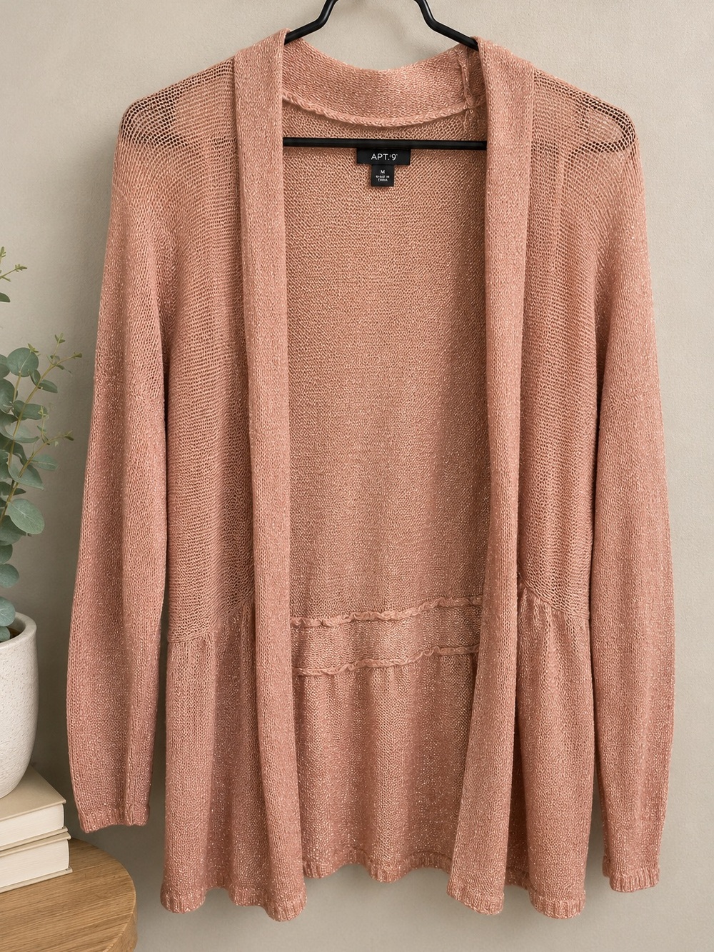 APT. 9 Women’s Blush Pink Open Front Lightweight Shimmer Cardigan Sweater Size M
